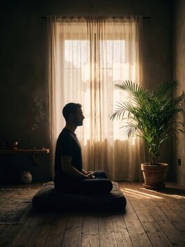Man meditating on cushion by sunlit window in minimalist home interior with potted plant and wooden floor, calm morning mood for mindfulness practice