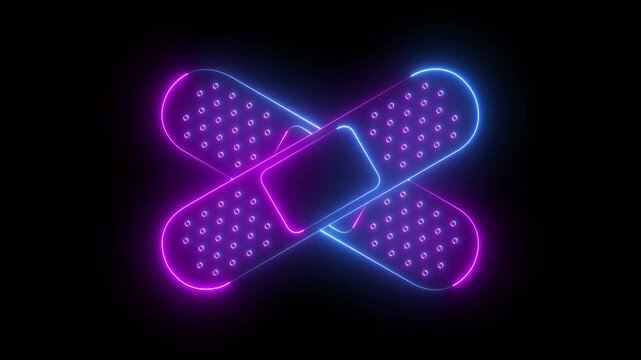 Glowing neon bandage icon isolated on black background. medical plaster first aid crossed bandages. adhesive bandage, flexible fabric bandage. 4K Video animation.