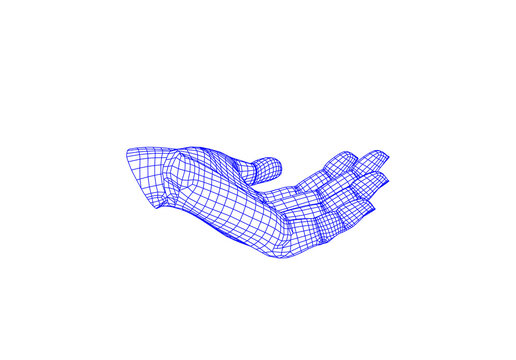 Wireframe 3d mesh of a blue cupped hand symbolizing hope and asking gesture