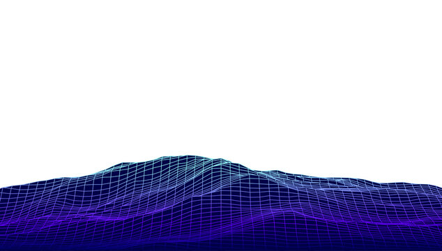 Glowing purple and blue wireframe terrain hills on transparent background in synthwave theme