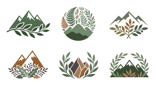 Clean modern vector clipart sheet with six mint herb sprigs in a 3x2 grid, isolated botanical elements with simplified leaf forms