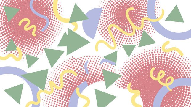Retro 90s Memphis pattern background, pastel geometric shapes with halftone dots, abstract 1980s aesthetic vector wallpaper