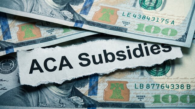 ACA Subsidies Text on Torn Paper with US Dollar Bills Background for Healthcare Financial Concept