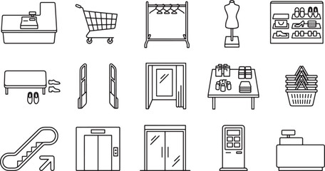 Set of retail store equipment icons in a clean black and white linear vector style