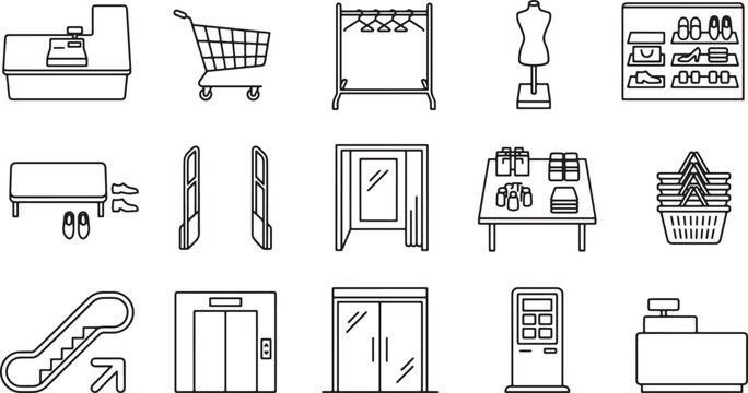 Set of retail store equipment icons in a clean black and white linear vector style