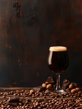 product display template for craft stout beer. A rustic dark oak wooden tabletop at the bottom with roasted coffee beans, dark chocolate pieces, and toasted malt grains surrounding the center stand. 