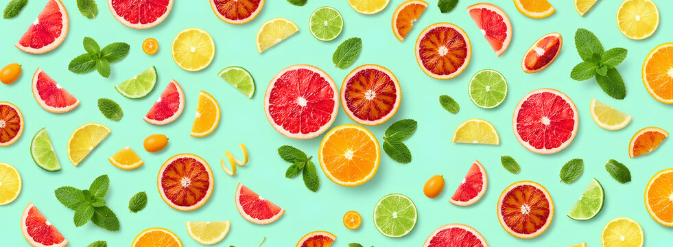 Colorful pattern of citrus fruit slices and mint leaves