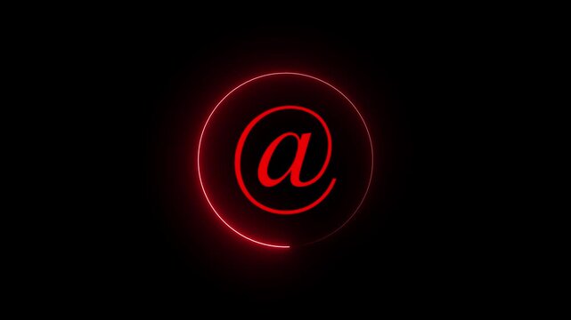 Glowing Red Neon At Sign Animation Loop, Futuristic Email Address Icon Motion Graphics, Contact Us Concept Symbol Overlay for Website UI UX, Digital Communication, Tech Video Editing.