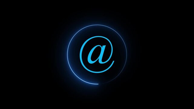 Glowing Blue Neon At Sign Animation Loop, Futuristic Email Address Icon Motion Graphics, Contact Us Concept Symbol Overlay for Website UI UX, Digital Communication, Tech Video Editing.