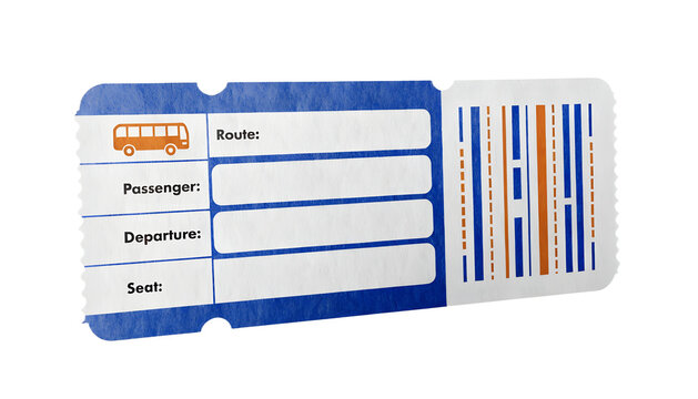 A realistic modern intercity bus ticket, isolated PNG, transparent background, horizontal paper ticket with clean rounded corners and subtle perforation, fresh blue and warm orange travel design