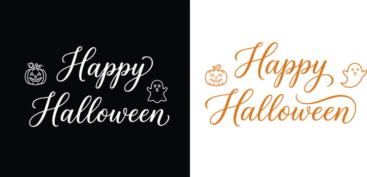 Happy Halloween text vector design with pumpkin and ghost line art