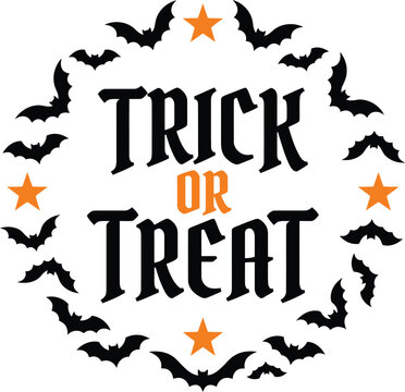 Trick or Treat text vector design with circular frame of bats and stars