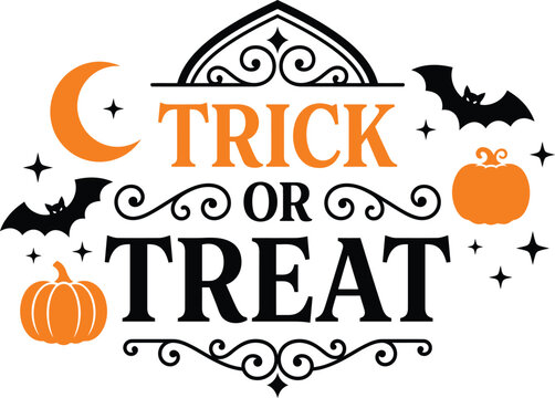 Trick or Treat text vector design with moon, bats, pumpkins, and decorative frames