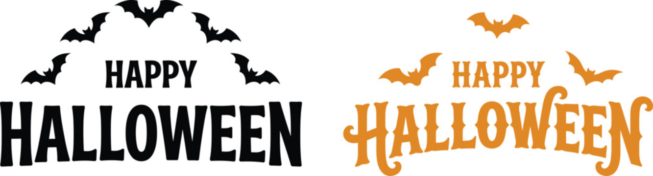 Happy Halloween text vector design with flying bats in black and orange