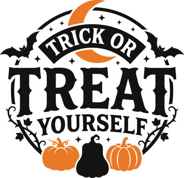 Trick or Treat Yourself text vector design with moon, bats, and pumpkins in circular frame
