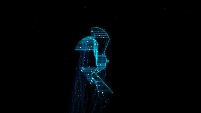 Digital human head profile made of glowing blue data nodes and lines on a dark background 4K Motion Video