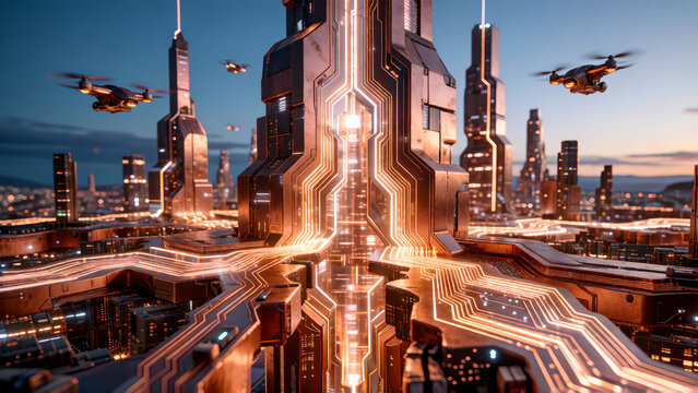 Futuristic cyberpunk city skyline with glowing neon architecture and flying drones at sunset.