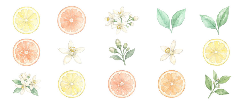 Citrus fruit watercolor slice set featuring lemon slices, orange grapefruit, white blossoms, green leaves isolated on black background for botanical design elements, floral pattern, tropical food art.
