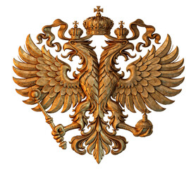 Golden double-headed eagle heraldic emblem crown imperial heraldry ornament regalia with spread wings, scepter, orb, ornate feathers, and baroque decorative relief isolated on transparent background © A-Quantix