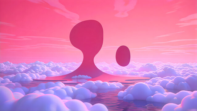 Surreal landscape with abstract pink shapes floating above a sea of clouds at sunset.