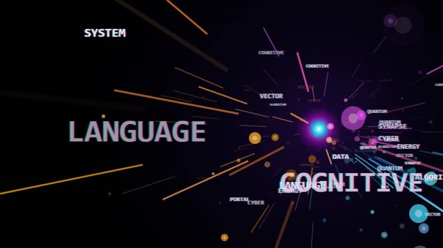Abstract digital background with quantum computing words and glowing light particles flying in dark space 4K Motion Video
