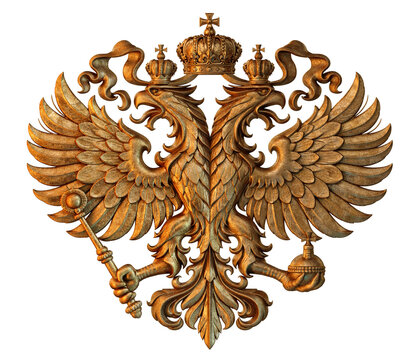 Golden double-headed eagle heraldic emblem crown imperial heraldry ornament regalia with spread wings, scepter, orb, ornate feathers, and baroque decorative relief isolated on transparent background