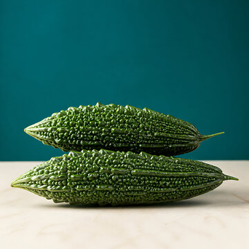 Two fresh bitter melon vegetables stacked on a light surface against a solid dark teal background, showing bumpy green skin texture