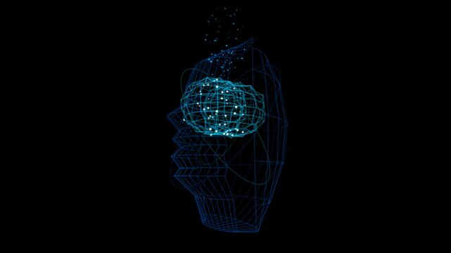 Digital wireframe human head silhouette with a glowing artificial intelligence brain structure isolated on a dark background 4K Motion Video