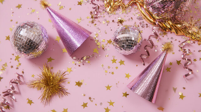 Elegant pink party background with disco decorations