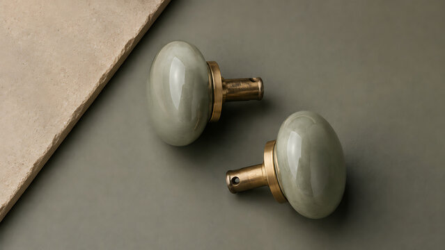 Two sage green ceramic cabinet knobs with brass metal bases, placed on a dark olive green surface next to a piece of textured beige stone