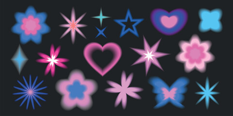 Naklejka premium Colorful vector shapes: stars, hearts, and flowers on a dark background.
