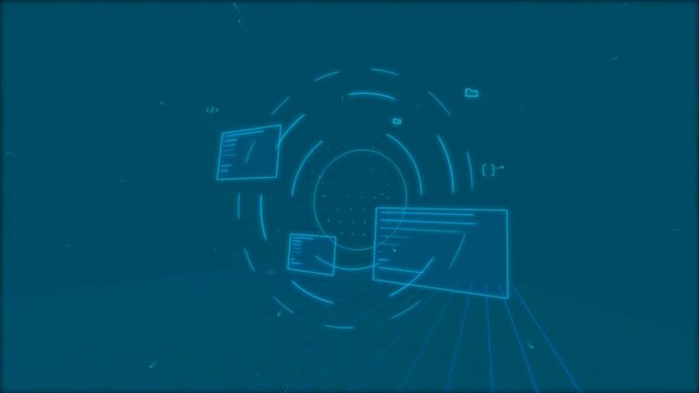 Abstract blue digital data interface with glowing circular lines and information windows for technology and computer programming concepts 4K Motion Video