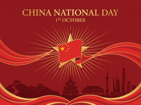 China national day celebration background with a golden star and the chinese flag on a red backdrop