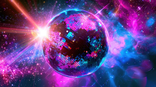 glamour disco ball glowing in colorful cosmic space background abstract party background neon lights reflections galaxy party festive night celebration event disco ball mirror background glowing orb