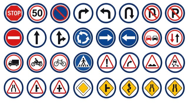 Traffic road sign icon set collection, flat vector illustration