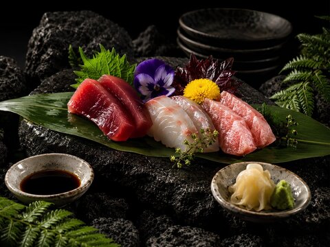 a premium sashimi platter featuring slices of red tuna, white fish, and fatty tuna arranged on a fresh green bamboo leaf.