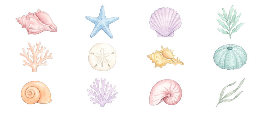 Watercolor seashell starfish coral seaweed set featuring pastel ocean life illustrations isolated on black background for summer design, beach decor, nautical crafts, and marine patterns.