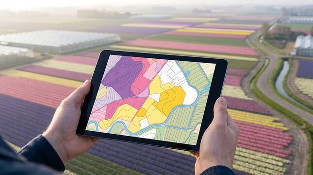 Farmer using digital tablet to monitor colorful flower field plots with satellite precision mapping software technology