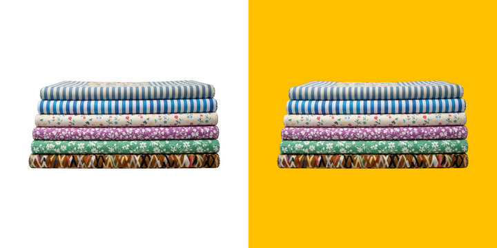 Stack of folded colorful patterned cotton fabric textiles transparent png