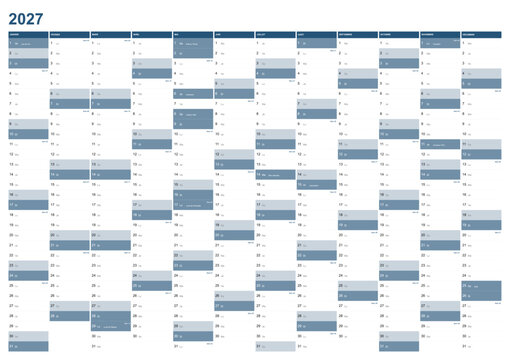 Calendar for the year 2027 with French holidays in French language. Wallplanner, span-a-year calendar