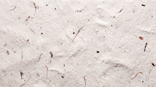 Handmade white paper texture with embedded dark flecks and long organic fibers on beige base