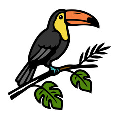 Naklejka premium A vibrantly illustrated toucan, distinguished by its striking orange beak and black plumage, perches elegantly on a branch adorned with green foliage.