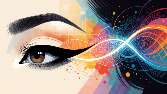 Artistic illustration of a human eye with vibrant colorful swirling abstract light patterns.