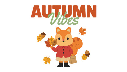 Fototapeta premium A charming fox character illustration with autumn leaves and a shopping bag stands against a black background fall