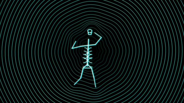 Neon glowing skeleton figure dancing in the center of dark concentric circles and abstract spiral lines 4K Motion Video