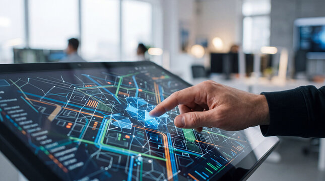 Businessman interacting with touchscreen digital map interface for smart city planning and data visualization