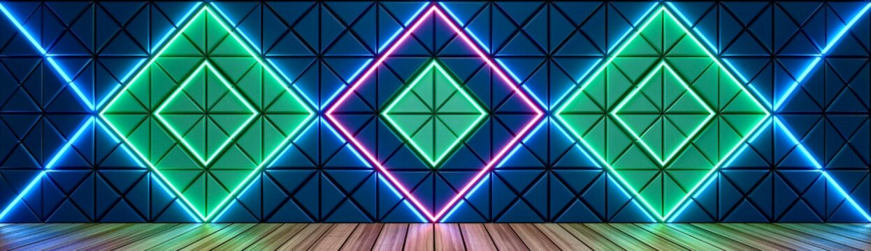 Neon Diamond Geometric Wall Green Pink Blue Lights Wooden Floor Banner