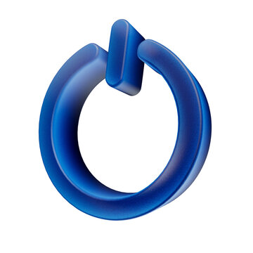 Blue power button icon, 3D render of on off symbol with matte texture, isolated on white background for technology interface, digital UI design, software branding and web development elements