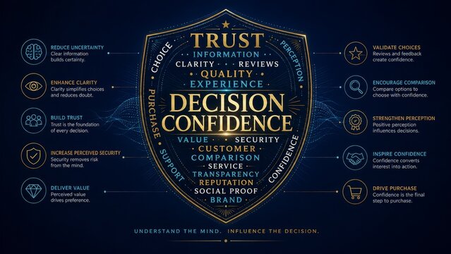 Decision Confidence Concept with Trust, Reviews, Social Proof, Customer Experience, Brand Value and Purchase Choice