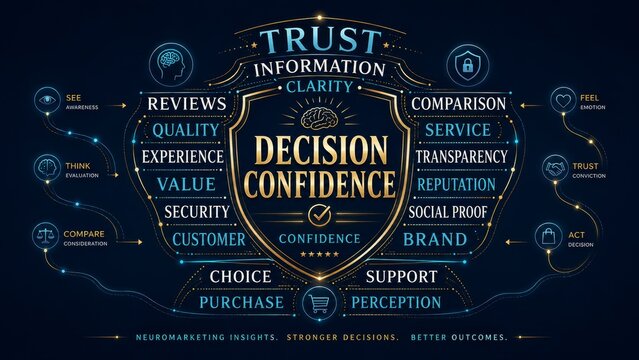 Decision Confidence Concept with Trust, Reviews, Social Proof, Customer Experience, Brand Value and Purchase Choice